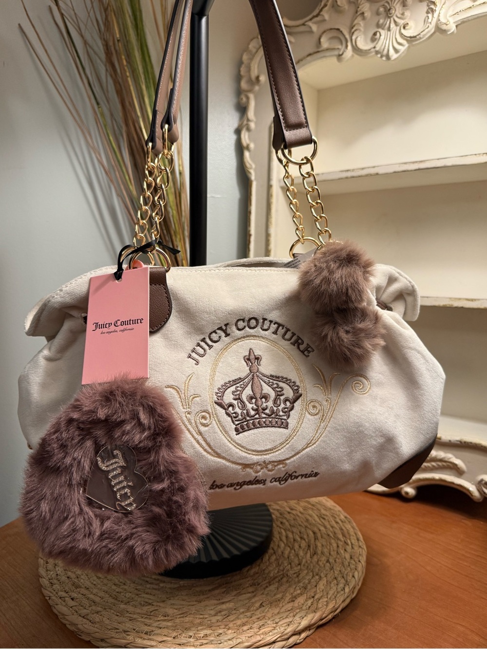 Juicy Couture Cream & Brown Embroidered Tote with Fur Heart Zipper Charm